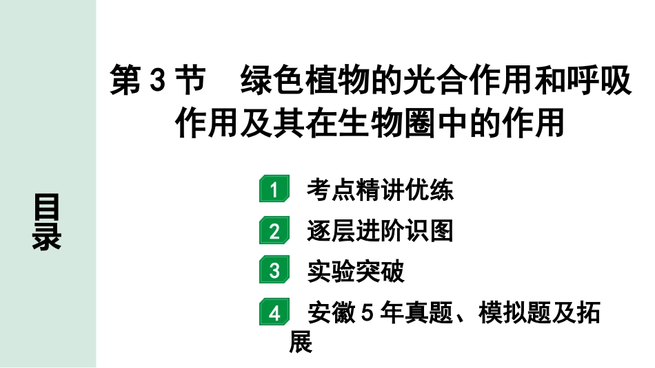 中考安徽生物学01.第一部分  安徽中考考点研究_03.主题三  生物圈中的绿色植物_03.第3节  绿色植物的光合作用和呼吸作用及其在生物圈中的作用.pptx_第1页