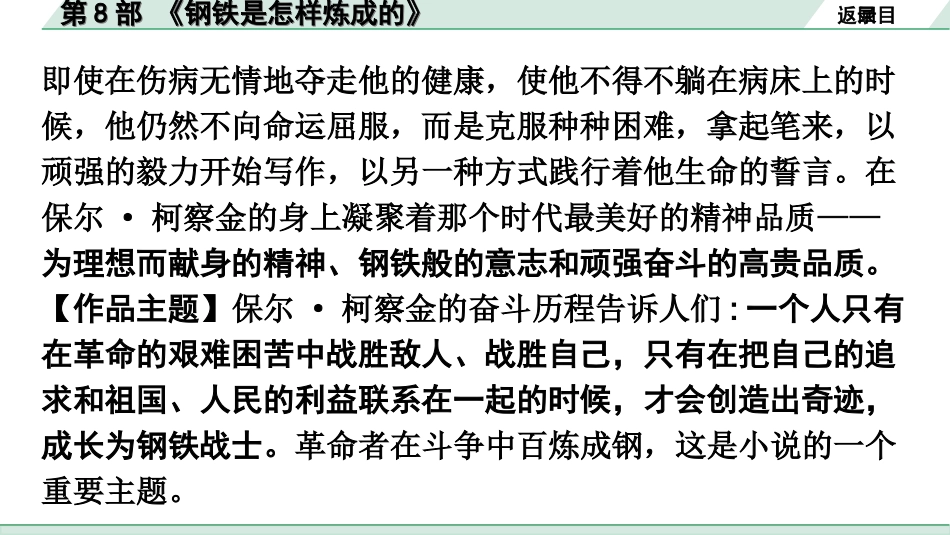 中考广东语文5. 第五部分  名著阅读_1. 教材“名著导读”12部梳理_第8部 《钢铁是怎样炼成的》.ppt_第3页