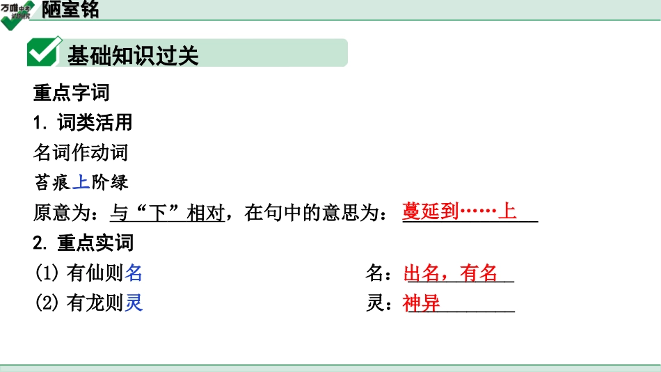 中考广西语文3.第三部分  古诗文阅读_专题一  文言文三阶攻关_一阶  课内文言文阅读_课内文言文梳理及训练_8.短文两篇_陋室铭_陋室铭（练）.ppt_第2页