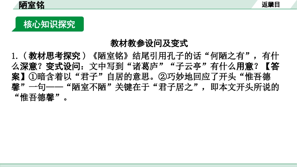 中考河南语文1.第一部分  古诗文阅读与默写_1.专题一  文言文阅读_课标文言文23篇逐篇梳理及训练_第19篇  陋室铭_陋室铭（练）.pptx_第2页