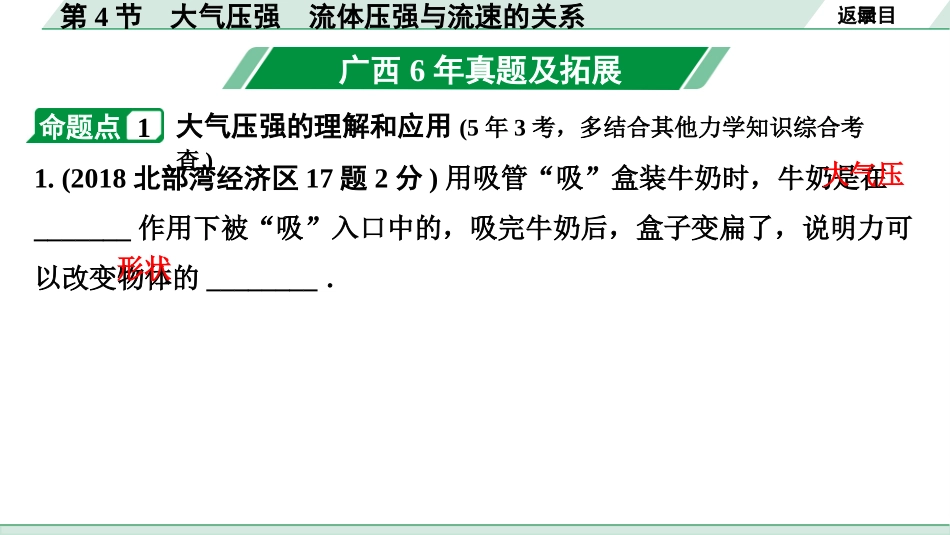 中考广西物理01.第一部分　广西中考考点研究_08.第八讲　压强_04.第4节 大气压强 流体压强与流速的关系.pptx_第3页