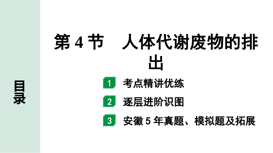 中考安徽生物学01.第一部分  安徽中考考点研究_04.主题四  生物圈中的人_04.第4节  人体代谢废物的排出.pptx_第1页