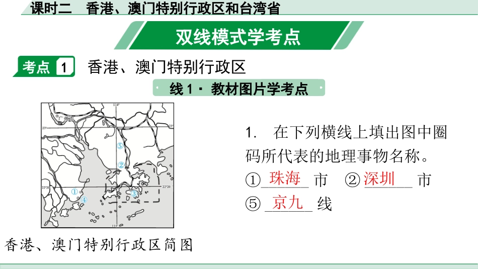 中考广东地理精讲本PPT_1. 第一部分　广东中考考点研究_4. 八年级下册_3. 第七章  南方地区_2. 课时二  香港、澳门特别行政区和台湾省.pptx_第1页