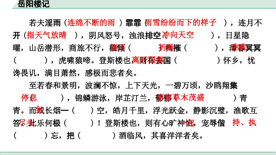 中考杭州语文2. 第二部分 阅读_4.专题四  课外文言文三阶攻关_一阶  必备知识——课内文言文字词积累_教材重点字词逐篇训练_30. 岳阳楼记_岳阳楼记（练）.ppt_第3页