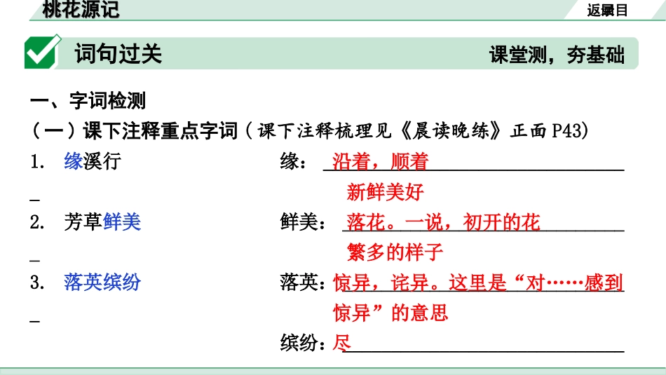 中考安徽语文2.第二部分  古诗文阅读_1.专题一  文言文阅读_一阶  课标文言文逐篇梳理及对比迁移练_第14篇  桃花源记_桃花源记（练）.ppt_第2页