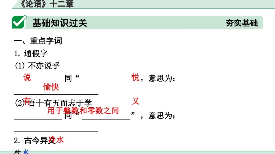 中考北部湾经济区语文2.第二部分  精读_一、古诗文阅读_3.专题三  文言文阅读_一阶  课内文言文知识梳理及训练_28 《论语》十二章_《论语》十二章（练）.ppt_第2页