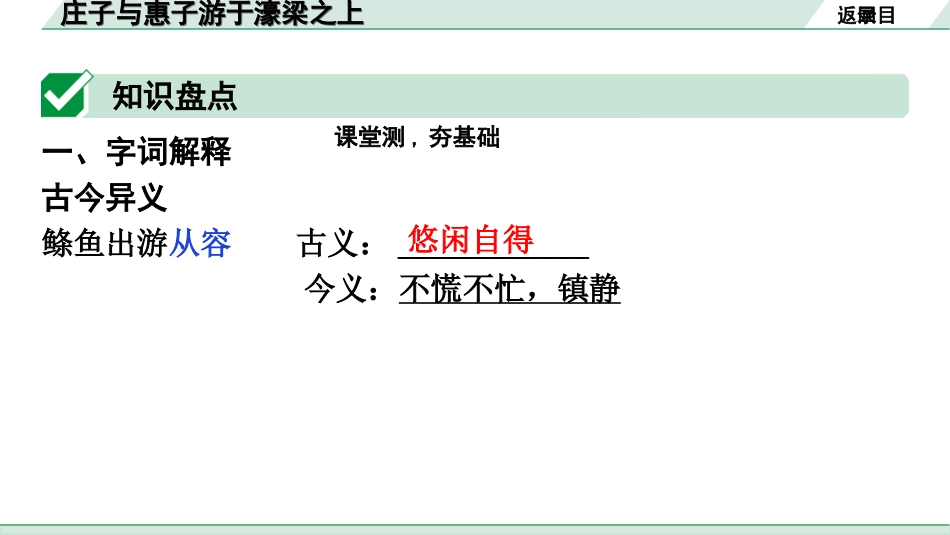中考广东语文2.第二部分  古诗文默写与阅读_2. 专题二  课内文言文阅读_1轮 课内文言文逐篇过关检测_15. 庄子与惠子游于濠梁之上_庄子与惠子游于濠梁之上（练）.ppt_第3页