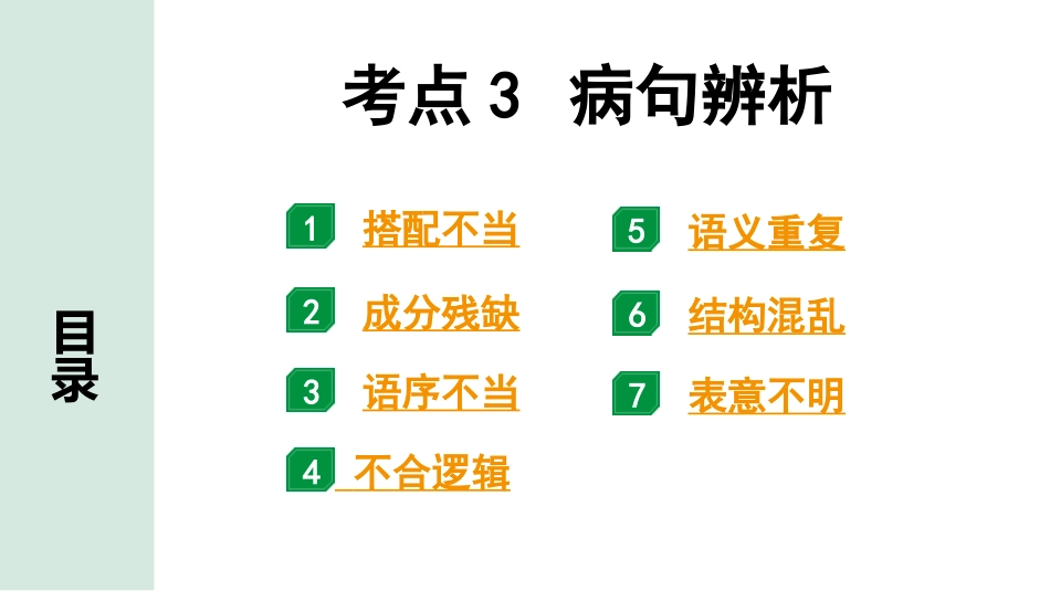 中考北部湾经济区语文1.第一部分  积累_3.专题三  标点·语法·病句_考点3 病句辨析.pptx_第1页