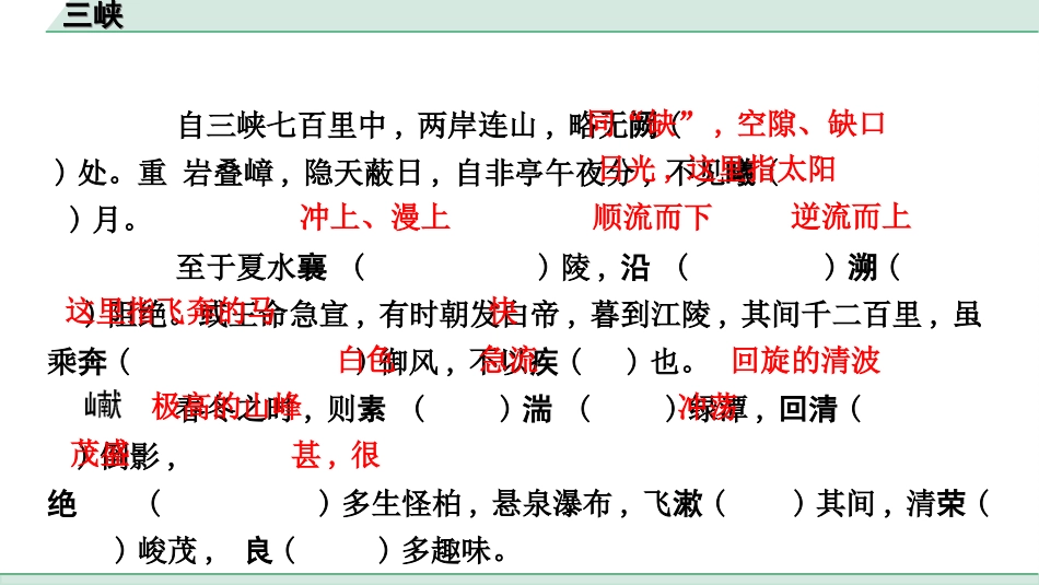 中考杭州语文2. 第二部分 阅读_4.专题四  课外文言文三阶攻关_一阶  必备知识——课内文言文字词积累_教材重点字词逐篇训练_13. 三峡_三峡（练）.ppt_第2页