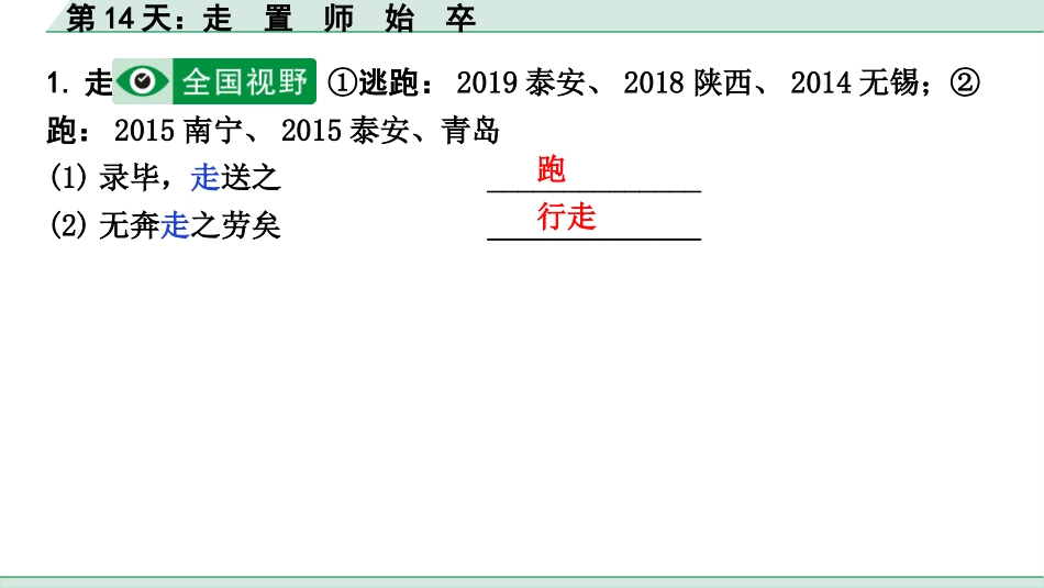 中考河北语文2.第二部分  古诗文阅读_专题二  文言文阅读_二阶  点对点迁移训练_（一）实词_第14天：走　置　师　始　卒.pptx_第2页