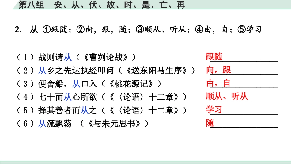 中考湖北语文2.第二部分 古诗文阅读_1.专题一  文言文阅读_二阶：重点字词梳理及迁移训练_1.一词多义梳理及迁移训练_第八组  安、从、伏、故、时、是、亡、再.pptx_第3页