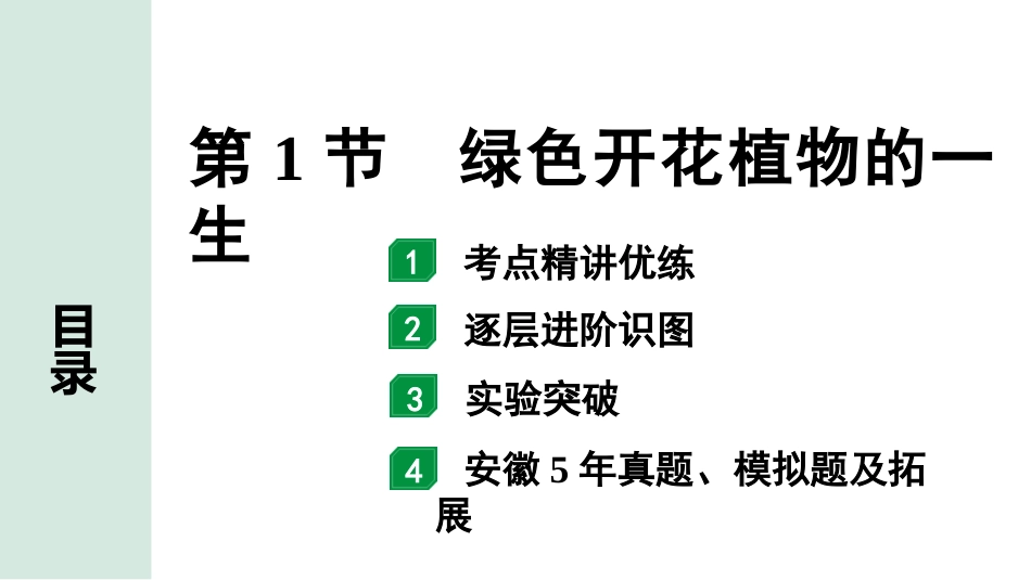 中考安徽生物学01.第一部分  安徽中考考点研究_03.主题三  生物圈中的绿色植物_01.第1节  绿色开花植物的一生.pptx_第1页