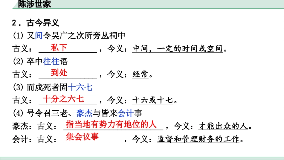 中考河北语文2.第二部分  古诗文阅读_专题二  文言文阅读_一阶  教材知识梳理及训练_第9篇  陈涉世家_陈涉世家（练）.ppt_第3页