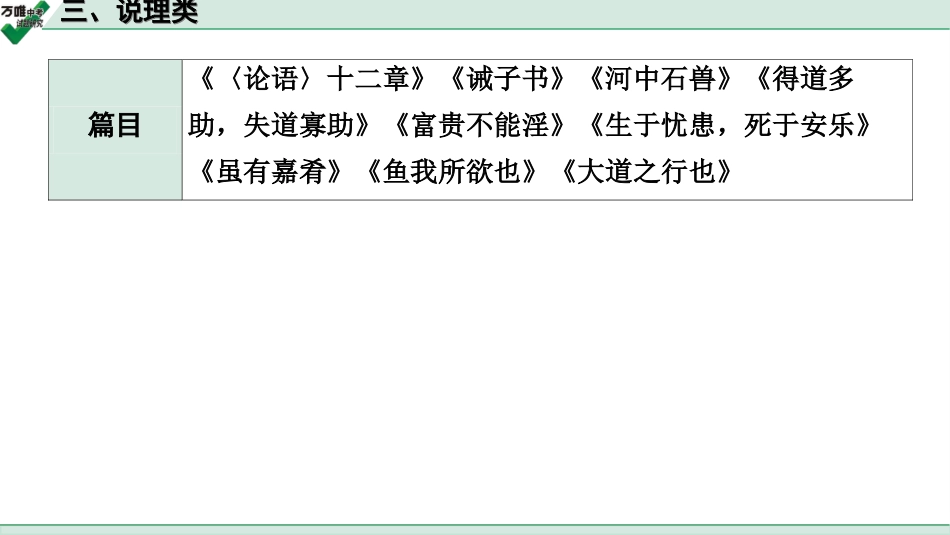 中考贵阳语文2.第二部分  阅读能力_5.古代诗文阅读_1.专题一　文言文阅读_1.一阶　教材文言文逐篇梳理及课外对接_微专题　文言文对比整合及课外拓展训练_三、说理类.ppt_第2页