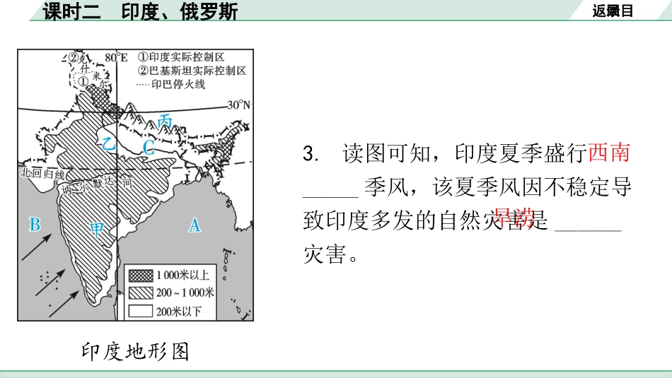 中考广东地理精讲本PPT_1. 第一部分　广东中考考点研究_2. 七年级下册_2. 第七章  我们邻近的地区和国家_2. 课时二  印度、俄罗斯.pptx_第3页