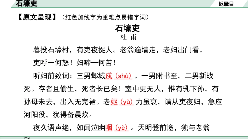 中考湖北语文2.第二部分 古诗文阅读_2.专题二 古诗词曲鉴赏_教材古诗词曲85首梳理及训练_八年级（下）_教材古诗词曲85首训练（八年级下）_第51首  石壕吏.ppt_第3页