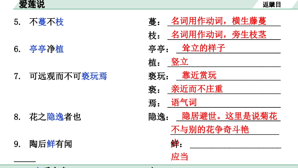 中考安徽语文2.第二部分  古诗文阅读_1.专题一  文言文阅读_一阶  课标文言文逐篇梳理及对比迁移练_第21篇  爱莲说_爱莲说（练）.ppt_第3页