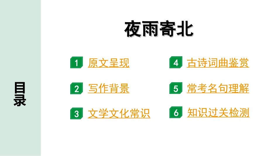 中考河南语文1.第一部分  古诗文阅读与默写_2.专题二  课标古诗词曲鉴赏_课标古诗词曲40首逐首梳理及训练_课标古诗词曲40首逐首训练_第39首  夜雨寄北.ppt_第2页