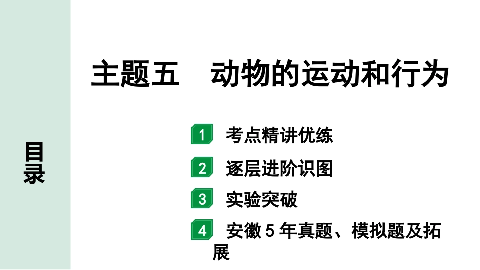 中考安徽生物学01.第一部分  安徽中考考点研究_05.主题五  动物的运动和行为_主题五  动物的运动和行为.pptx_第1页