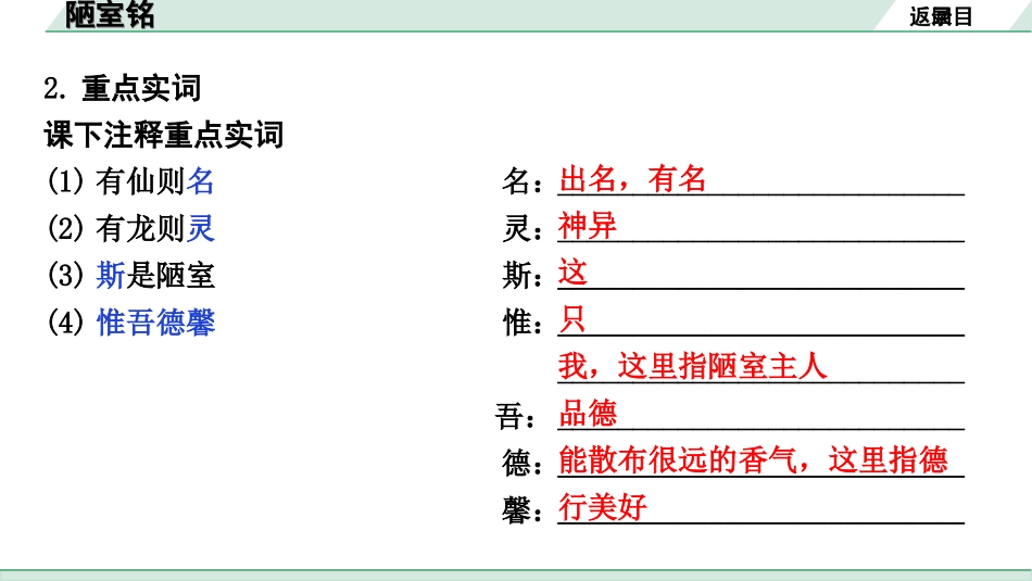 中考北部湾经济区语文2.第二部分  精读_一、古诗文阅读_3.专题三  文言文阅读_一阶  课内文言文知识梳理及训练_25  短文两篇_陋室铭_陋室铭（练）.ppt_第3页