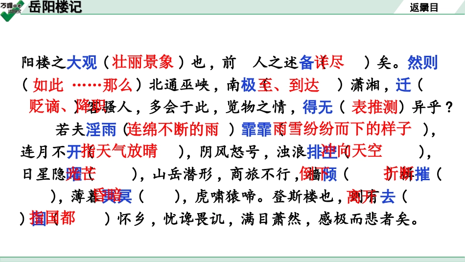 中考广东语文2.第二部分  古诗文默写与阅读_2. 专题二  课内文言文阅读_1轮 课内文言文逐篇过关检测_8. 岳阳楼记_岳阳楼记(练).ppt_第3页