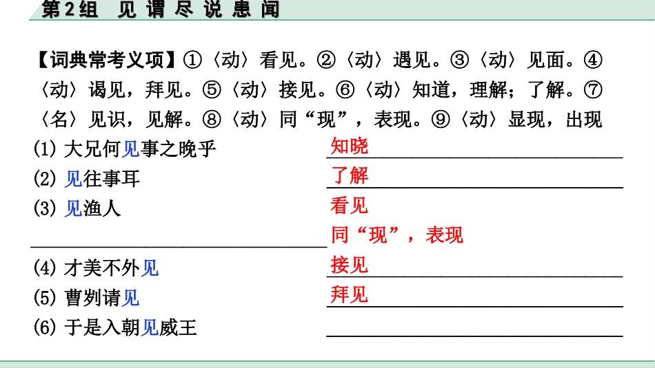 中考北部湾经济区语文2.第二部分  精读_一、古诗文阅读_3.专题三  文言文阅读_二阶  文言文点对点迁移练_一、一词多义梳理及点对点迁移练_第2组  见 谓 尽 说 患 闻.ppt_第3页