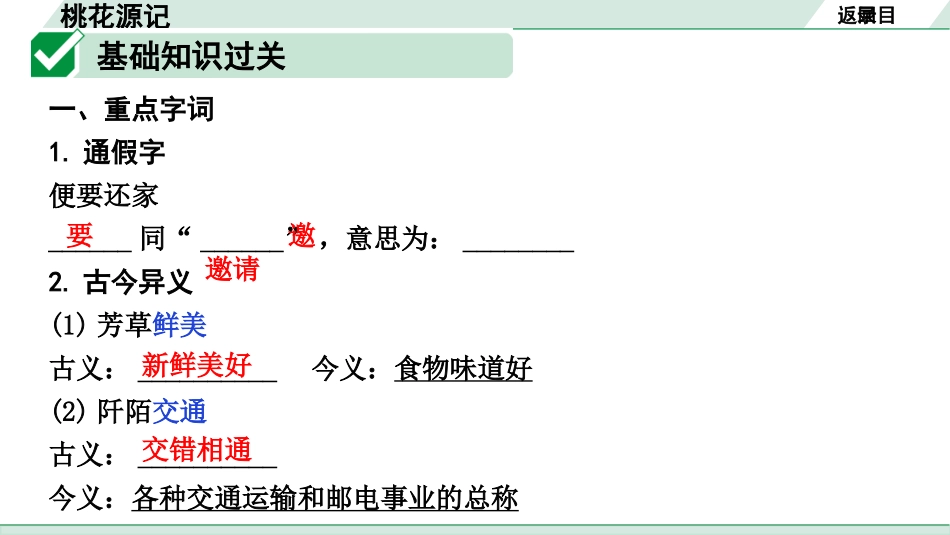 中考广西语文3.第三部分  古诗文阅读_专题一  文言文三阶攻关_一阶  课内文言文阅读_课内文言文梳理及训练_16.桃花源记_桃花源记（练）.pptx_第2页