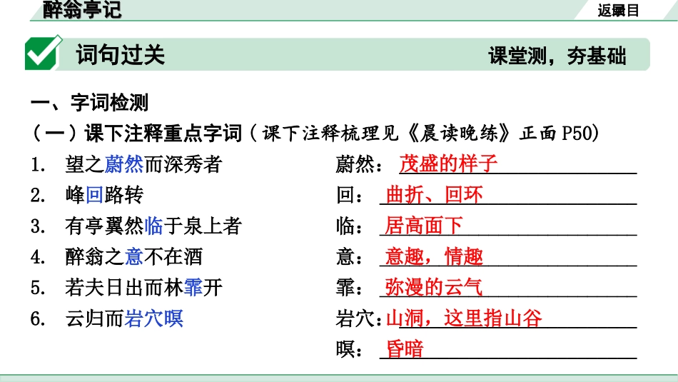 中考安徽语文2.第二部分  古诗文阅读_1.专题一  文言文阅读_一阶  课标文言文逐篇梳理及对比迁移练_第2篇  醉翁亭记_醉翁亭记（练）.ppt_第2页