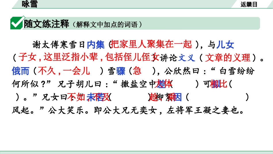 中考广东语文2.第二部分  古诗文默写与阅读_2. 专题二  课内文言文阅读_1轮 课内文言文逐篇过关检测_33. 咏雪_咏雪（练）.ppt_第2页