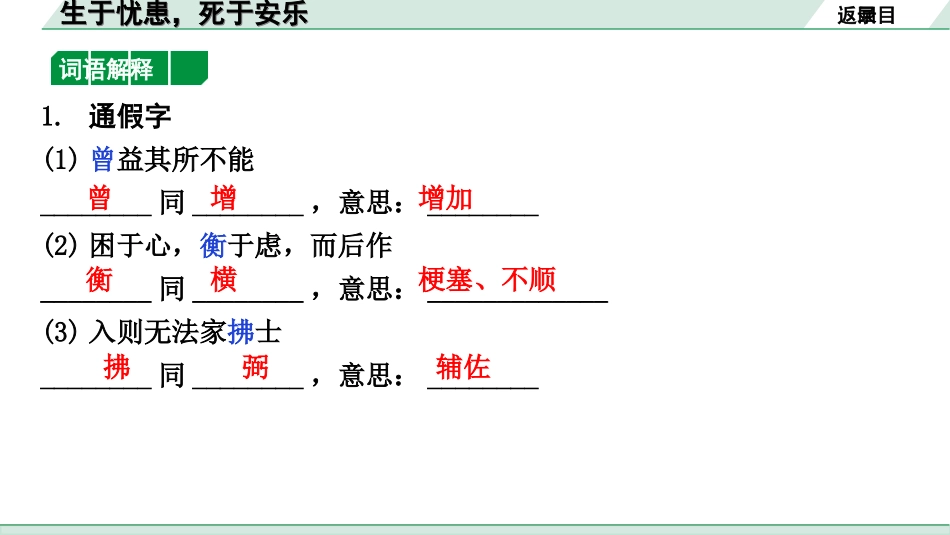 中考北京语文2.第二部分  古诗文阅读_2.专题三  文言文阅读_一轮  22篇文言文梳理及训练_第11篇　生于忧患，死于安乐_生于忧患，死于安乐（练）.ppt_第2页