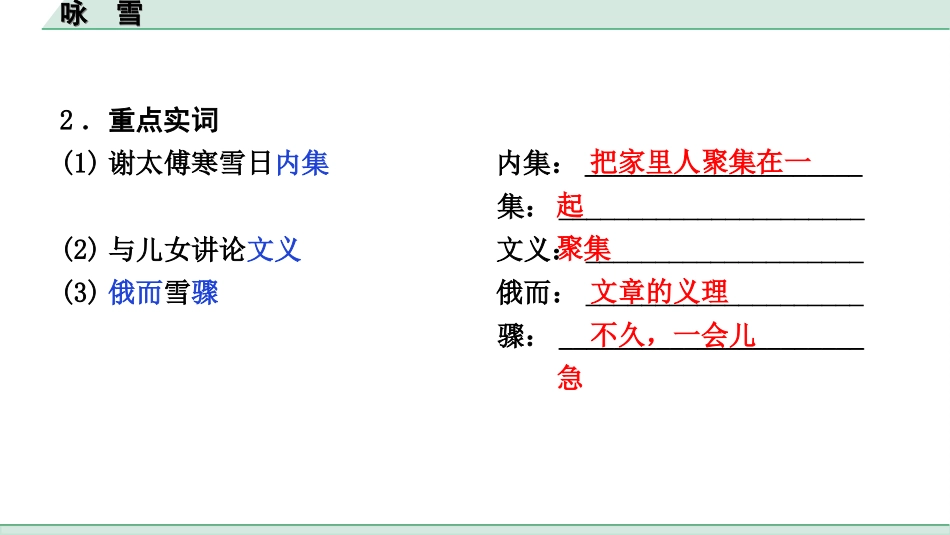 中考河北语文2.第二部分  古诗文阅读_专题二  文言文阅读_一阶  教材知识梳理及训练_第23篇  《世说新语》二则_咏　雪_咏　雪（练）.ppt_第3页