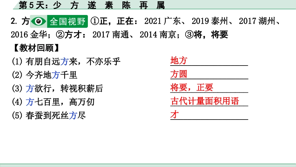 中考河北语文2.第二部分  古诗文阅读_专题二  文言文阅读_二阶  点对点迁移训练_（一）实词_第5天：少　方　遂　素　陈　再　属.pptx_第3页