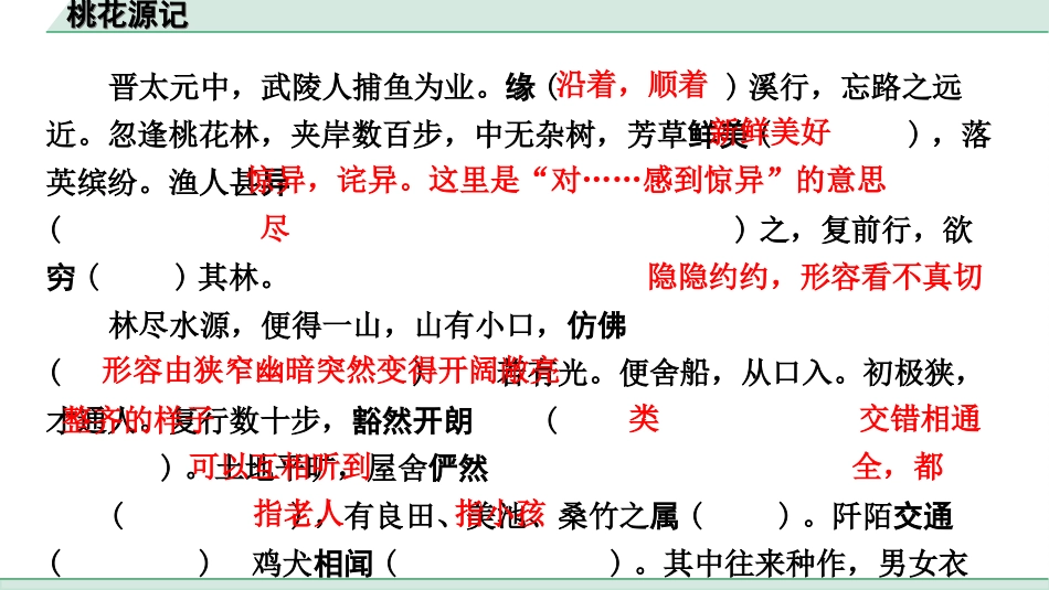 中考杭州语文2. 第二部分 阅读_4.专题四  课外文言文三阶攻关_一阶  必备知识——课内文言文字词积累_教材重点字词逐篇训练_22. 桃花源记_桃花源记（练）.ppt_第2页