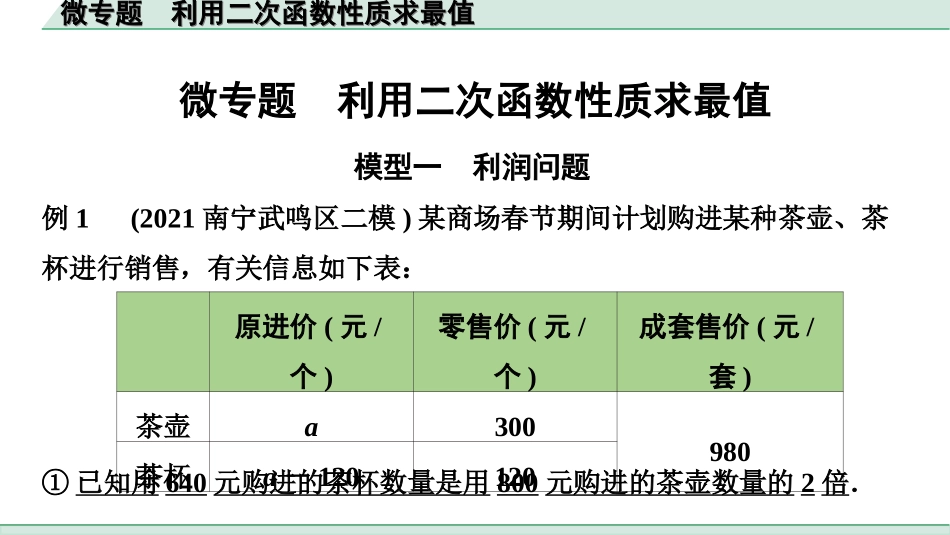 中考北部湾数学1.第一部分  北部湾经济区中考考点研究_3.第三章  函数_11.微专题  利用二次函数性质求最值.ppt_第1页