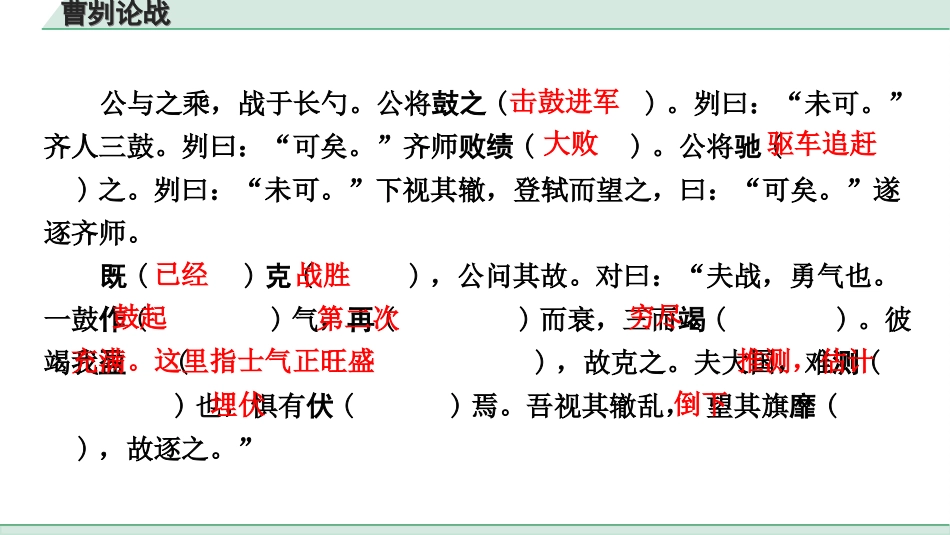 中考杭州语文2. 第二部分 阅读_4.专题四  课外文言文三阶攻关_一阶  必备知识——课内文言文字词积累_教材重点字词逐篇训练_36. 曹刿论战_曹刿论战（练）.ppt_第3页