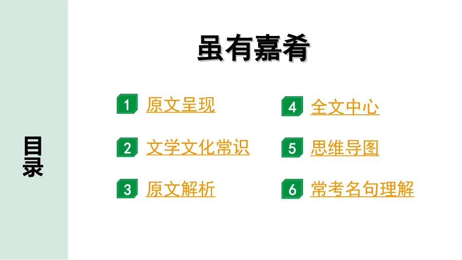 中考北部湾经济区语文2.第二部分  精读_一、古诗文阅读_3.专题三  文言文阅读_一阶  课内文言文知识梳理及训练_15 《礼记》二则_虽有嘉肴_虽有嘉肴“三行翻译法”（讲）.ppt_第2页