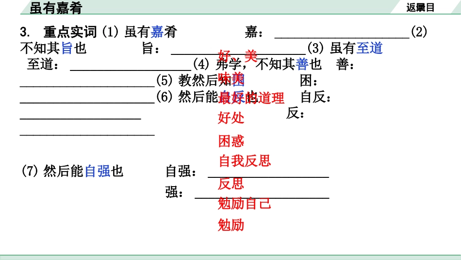 中考广西语文3.第三部分  古诗文阅读_专题一  文言文三阶攻关_一阶  课内文言文阅读_课内文言文梳理及训练_20.《礼记》二则_虽有嘉肴_虽有嘉肴（练）.pptx_第3页