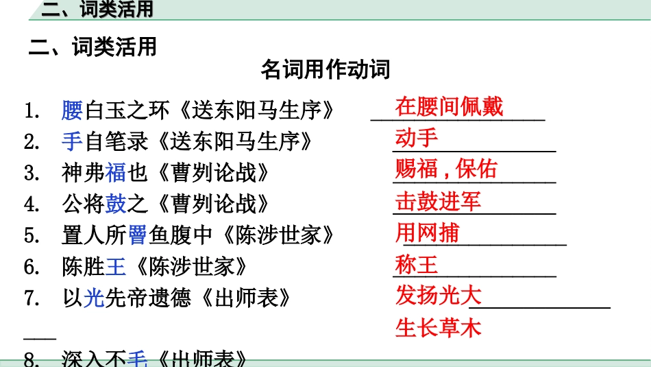 中考广东语文2.第二部分  古诗文默写与阅读_2. 专题二  课内文言文阅读_2轮 教材课内文言文知识整合_教材重点实词分类整合_二、词类活用.ppt_第2页