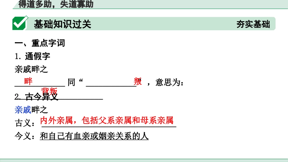 中考北部湾经济区语文2.第二部分  精读_一、古诗文阅读_3.专题三  文言文阅读_一阶  课内文言文知识梳理及训练_20  《孟子》三章_得道多助，失道寡助_得道多助，失道寡助（练）.ppt_第2页