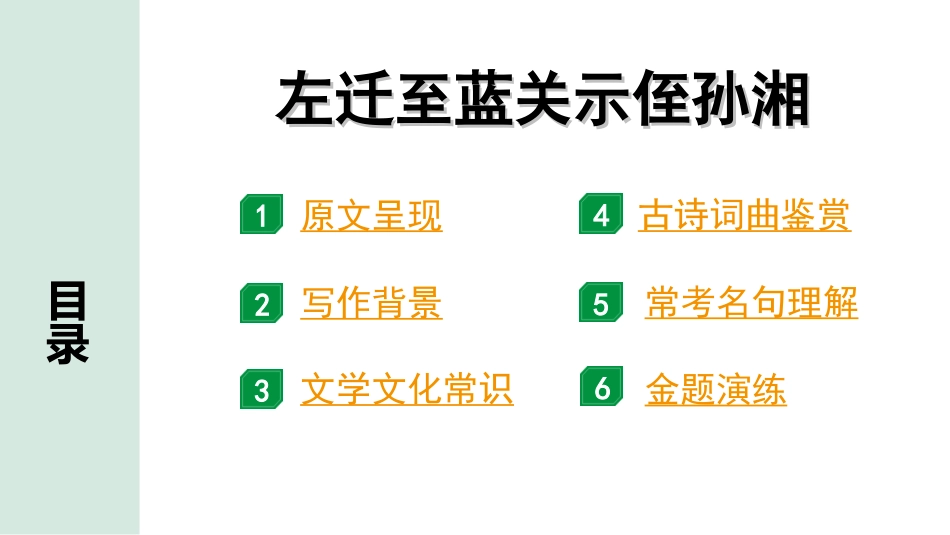 中考湖北语文2.第二部分 古诗文阅读_2.专题二 古诗词曲鉴赏_教材古诗词曲85首梳理及训练_九年级（上）_教材古诗词曲85首训练 （九年级上）_第63首  左迁至蓝关示侄孙湘.ppt_第2页