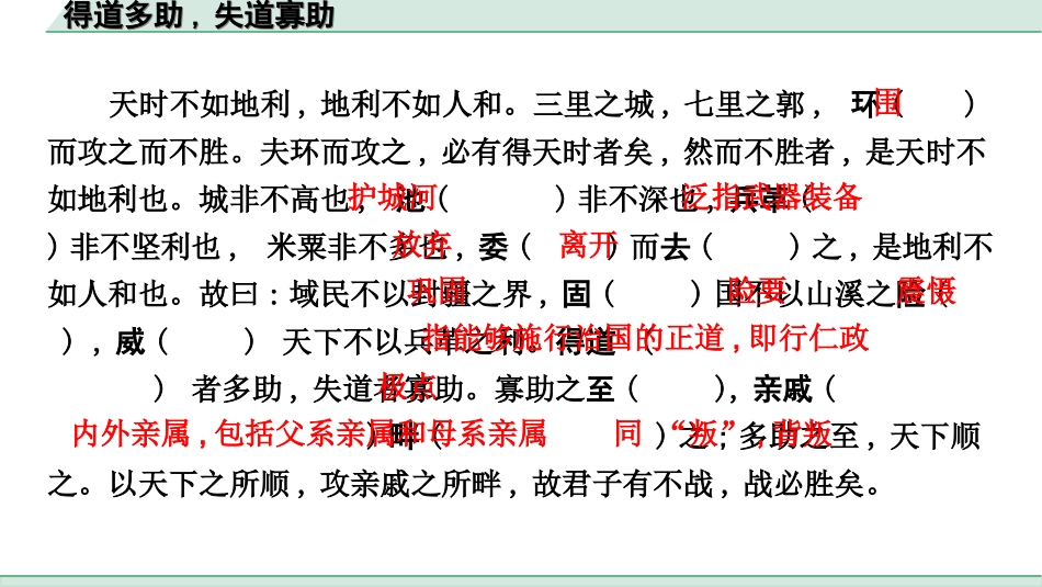 中考杭州语文2. 第二部分 阅读_4.专题四  课外文言文三阶攻关_一阶  必备知识——课内文言文字词积累_教材重点字词逐篇训练_17. 得道多助,失道寡助_得道多助,失道寡助（练）.ppt_第2页