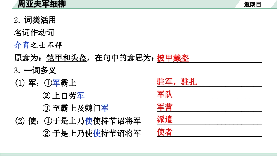 中考北部湾经济区语文2.第二部分  精读_一、古诗文阅读_3.专题三  文言文阅读_一阶  课内文言文知识梳理及训练_22  周亚夫军细柳_周亚夫军细柳（练）.ppt_第3页