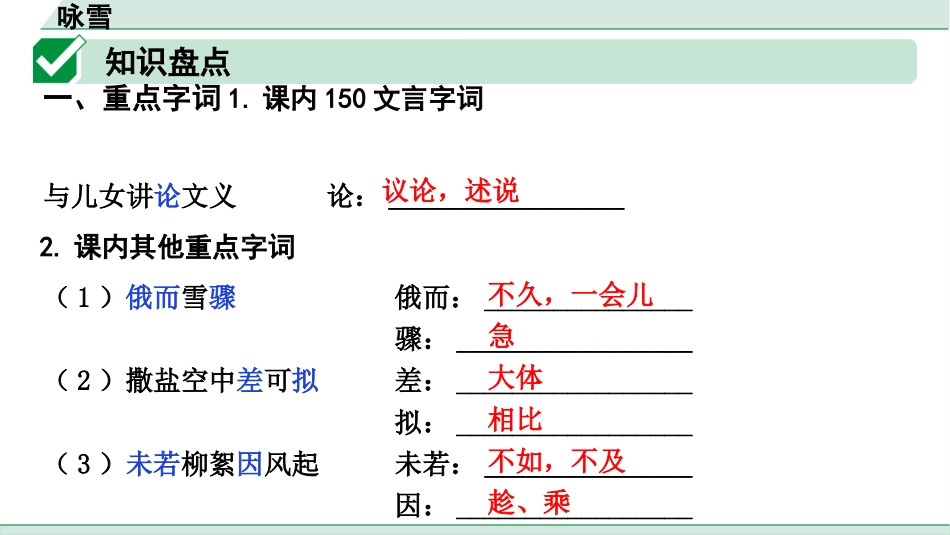 中考上海语文1.第一部分  古诗文阅读_3.专题三  课内文言文阅读_第21篇  《世说新语》二则_咏雪_咏雪（练）.pptx_第2页