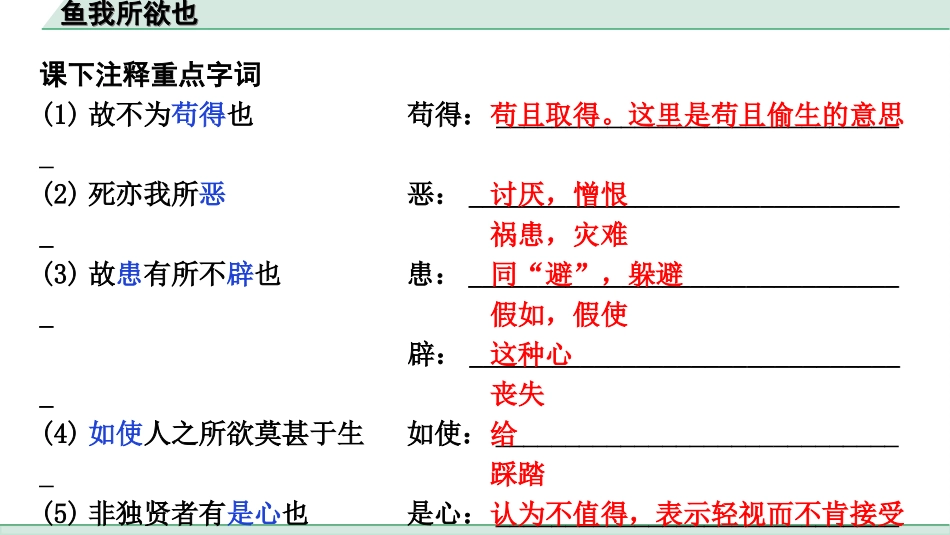 中考江西语文2.第二部分  古代诗文阅读_2.专题二  文言文三阶攻关训练_一阶  教材文言字词逐篇训练及分类整合_教材文言字词逐篇训练_33.《鱼我所欲也》_鱼我所欲也（练）.ppt_第2页