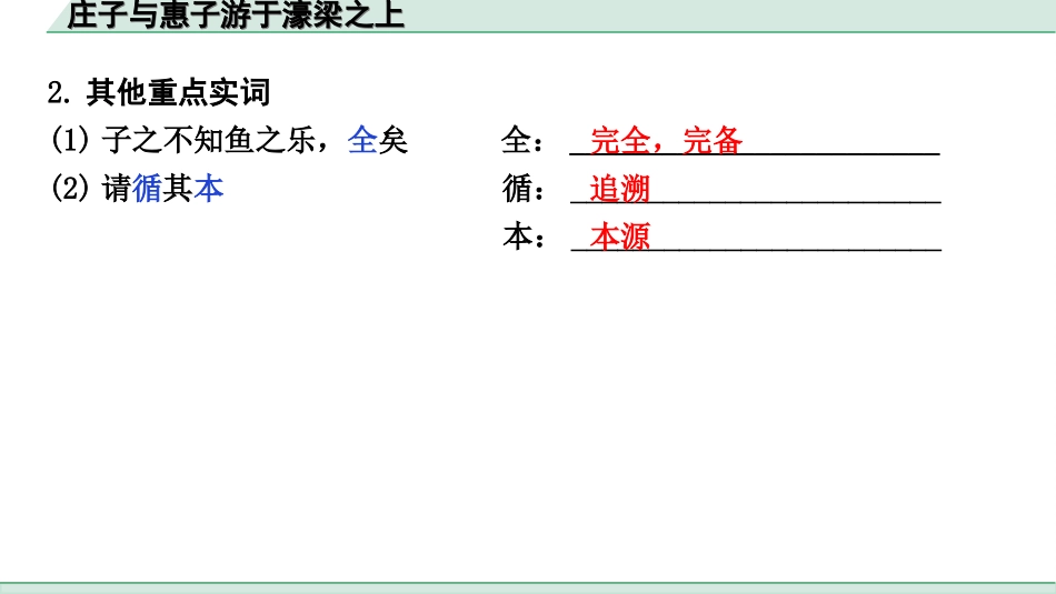 中考昆明语文2.第二部分  古诗文阅读_专题二  文言文阅读_第14篇　《庄子》二则_庄子与惠子游于濠梁之上_庄子与惠子游于濠梁之上（练）.ppt_第3页