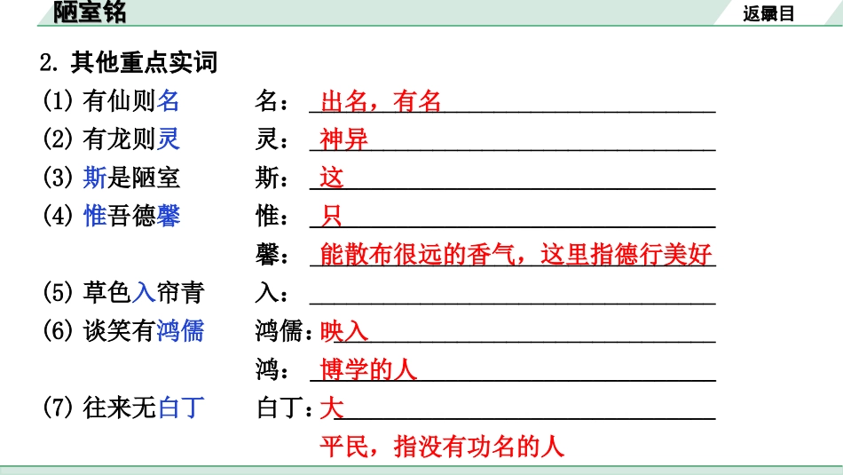 中考昆明语文2.第二部分  古诗文阅读_专题二  文言文阅读_第25篇  短文两篇_陋室铭_陋室铭（练）.ppt_第3页