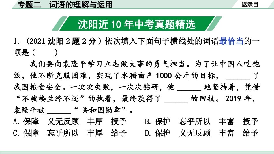 中考沈阳语文1.第一部分  积累与运用_2.专题二  词语的理解与运用_专题二  词语的理解与运用.pptx_第2页