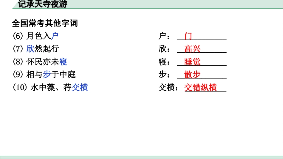 中考江西语文2.第二部分  古代诗文阅读_2.专题二  文言文三阶攻关训练_一阶  教材文言字词逐篇训练及分类整合_教材文言字词逐篇训练_15.《记承天寺夜游》_记承天寺夜游（练）.ppt_第3页