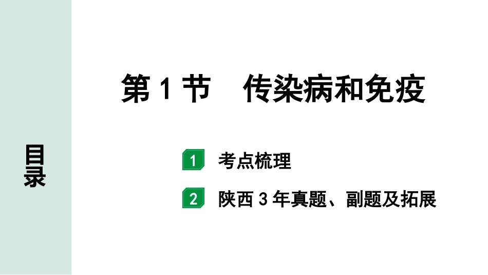 中考陕西生物学01.第一部分  陕西中考考点研究_09.主题九  健康的生活_01.第1节　传染病和免疫.pptx_第1页