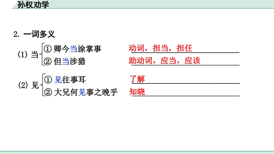 中考内蒙古语文2.第二部分  古诗文阅读_3.专题三  文言文三阶攻关_1.一阶  教材关——39篇文言文梳理及训练_教材39篇文言文梳理及训练_第8篇 孙权劝学_孙权劝学（练）.pptx_第3页